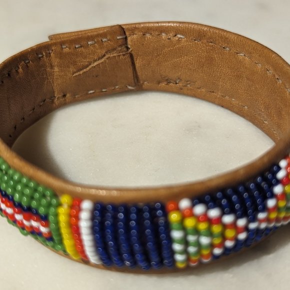 Handmade Beaded African Leather Cuff Bracelet - Picture 5 of 6